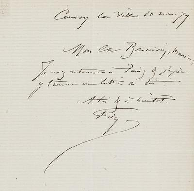 Lettre de Félicien Rops à Maurice Bonvoisin. Cernay-la-Ville, 1879/03/10. Province de Namur, musée Félicien Rops, Bon/LE/76