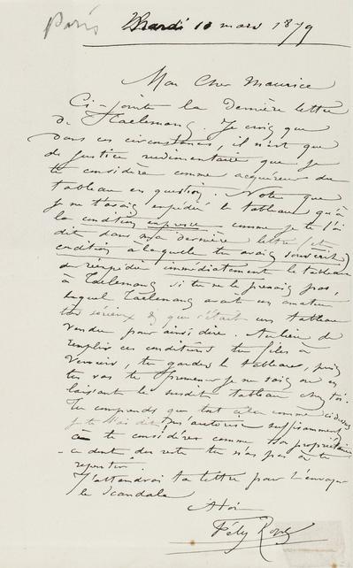 Lettre de Félicien Rops à Maurice [Bonvoisin]. [Paris], 1879/03/11. Province de Namur, musée Félicien Rops, Bon/LE/77