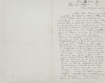 Lettre de Félicien Rops à Maurice [Bonvoisin]. [Paris], 1879/03/11. Province de Namur, musée Félicien Rops, Bon/LE/79