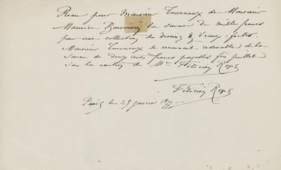 Reçu de Félicien Rops à Maurice Bonvoisin. Paris, 1877/01/25. Province de Namur, musée Félicien Rops, Bon/LE/8