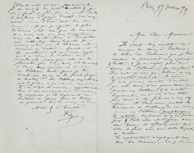 Lettre de Félicien Rops à Maurice [Bonvoisin]. [Paris], 1879/03/17. Province de Namur, musée Félicien Rops, Bon/LE/80