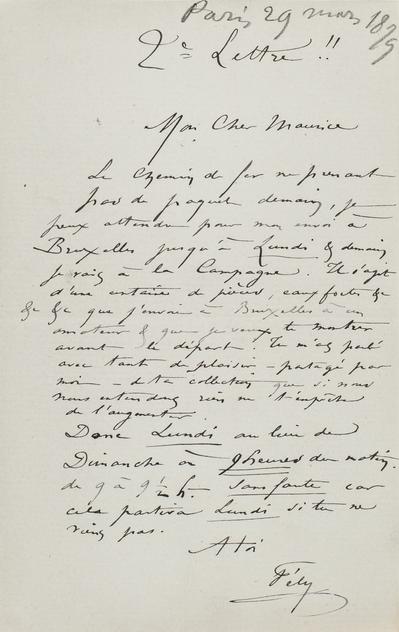 Lettre de Félicien Rops à Maurice [Bonvoisin]. [Paris], 1879/03/29. Province de Namur, musée Félicien Rops, Bon/LE/81