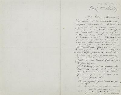 Lettre de Félicien Rops à Maurice [Bonvoisin]. [Paris], 1879/04/01. Province de Namur, musée Félicien Rops, Bon/LE/83