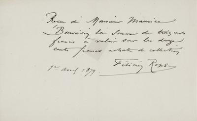 Reçu de Félicien Rops à Maurice Bonvoisin. s.l., 1879/04/01. Province de Namur, musée Félicien Rops, Bon/LE/84