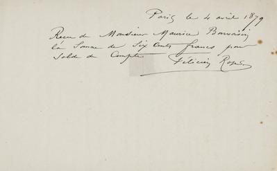 Reçu de Félicien Rops à Maurice Bonvoisin. Paris, 1879/04/04. Province de Namur, musée Félicien Rops, Bon/LE/85