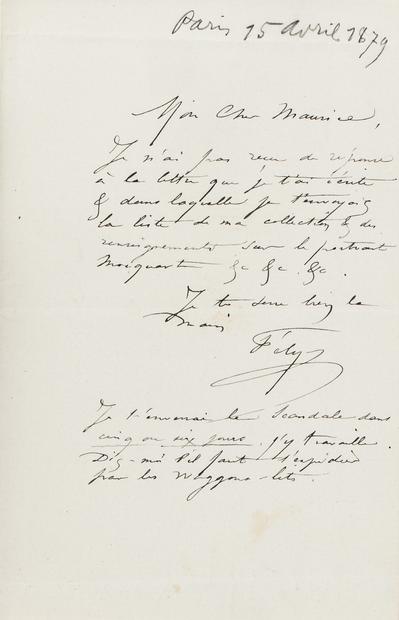 Reçu de Félicien Rops à Maurice [Bonvoisin]. [Paris], 1879/04/15. Province de Namur, musée Félicien Rops, Bon/LE/86