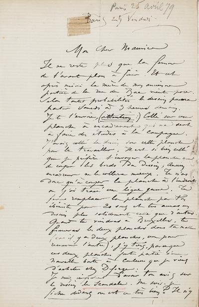 Lettre de Félicien Rops à Maurice [Bonvoisin]. Paris, 1879/04/25. Province de Namur, musée Félicien Rops, Bon/LE/89