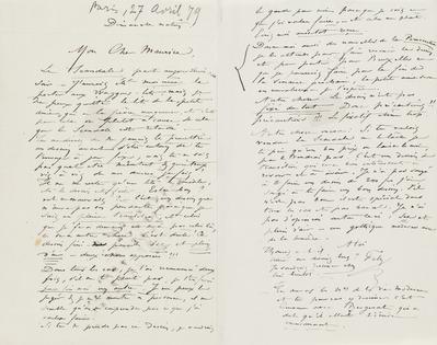 Lettre de Félicien Rops à Maurice [Bonvoisin]. [Paris], 1879/04/27. Province de Namur, musée Félicien Rops, Bon/LE/90