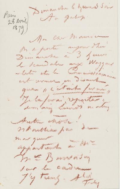 Lettre de Félicien Rops à Maurice [Bonvoisin]. [Paris], 1879/04/27. Province de Namur, musée Félicien Rops, Bon/LE/91
