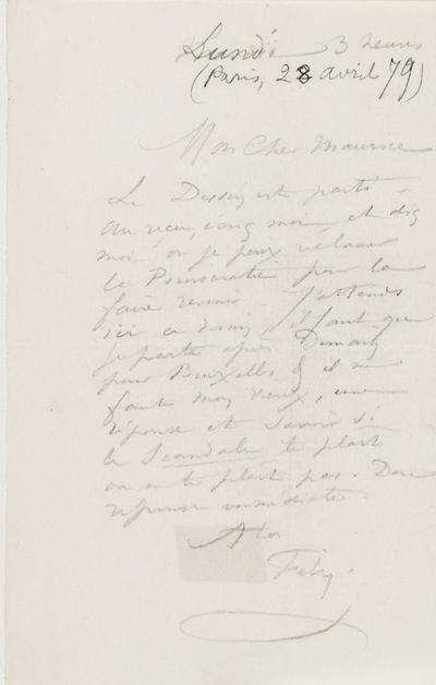 Lettre de Félicien Rops à Maurice [Bonvoisin]. [Paris], 1879/04/28. Province de Namur, musée Félicien Rops, Bon/LE/92