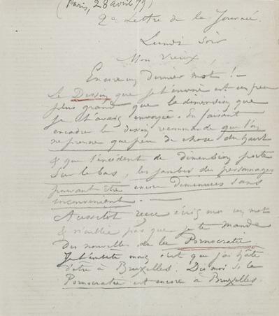 Lettre de Félicien Rops à [Maurice] [Bonvoisin]. [Paris], 1879/04/28. Province de Namur, musée Félicien Rops, Bon/LE/93