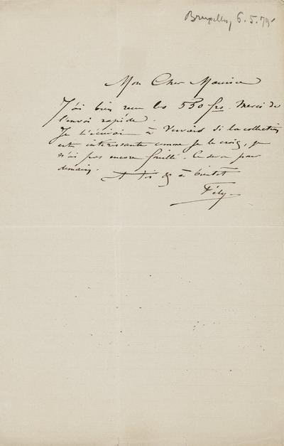 Lettre de Félicien Rops à Maurice [Bonvoisin]. [Bruxelles], 1879/05/06. Province de Namur, musée Félicien Rops, Bon/LE/95