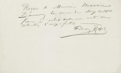 Reçu de Félicien Rops à Maurice Bonvoisin. s.l., 0000/00/00. Province de Namur, musée Félicien Rops, Bon/LE/96
