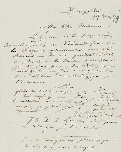 Lettre de Félicien Rops à Maurice [Bonvoisin]. Bruxelles, 1879/05/17. Province de Namur, musée Félicien Rops, Bon/LE/97
