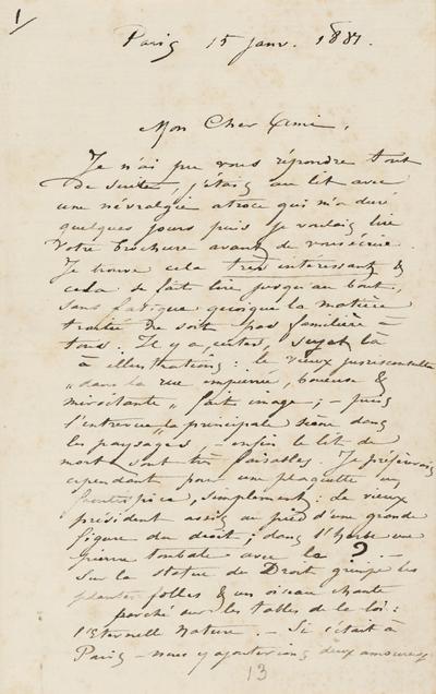 Lettre de Félicien Rops à Edmond Picard. Paris, 1881/01/15. Province de Namur, musée Félicien Rops, CFB/L5/3