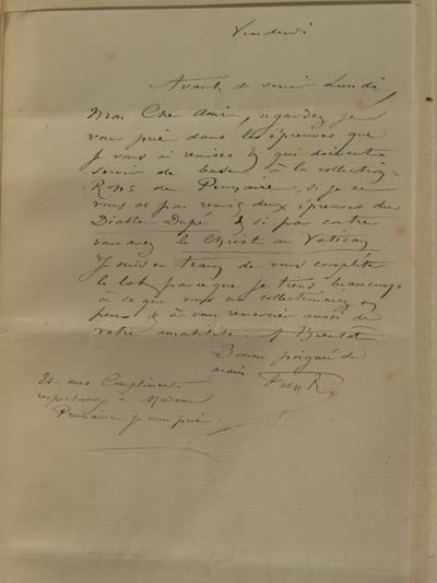 Lettre de Félicien Rops à [Alfred] [Prunaire]. s.l., 0000/00/00. Collection privée, CPEI/1