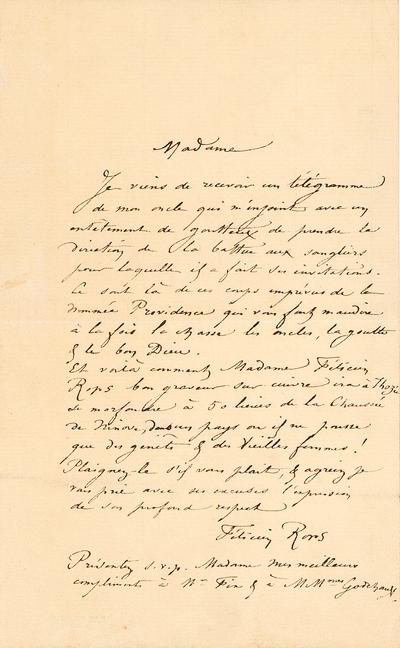 Lettre de Félicien Rops à une inconnue. s.l., 0000/00/00. Province de Namur, musée Félicien Rops, collection Robert Delhaye, DEL LE 001