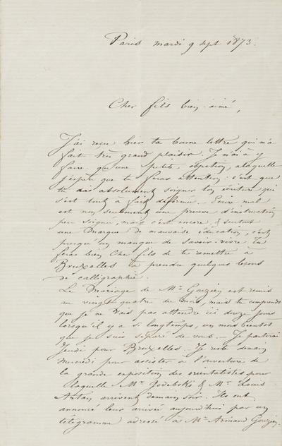 Lettre de Félicien Rops à [Paul] [Rops]. Paris, 1873/09/09. Province de Namur, musée Félicien Rops, FFR/LE/11