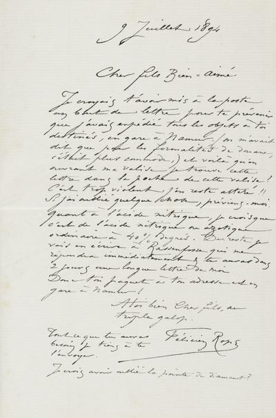 Lettre de Félicien Rops à Paul Rops. [Mettet], 1894/07/09. Province de Namur, musée Félicien Rops, FFR/LE/17