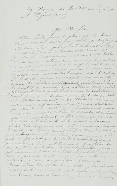 Lettre de Félicien Rops à Paul Rops. Hyères, 1896/12/23. Province de Namur, musée Félicien Rops, FFR/LE/2