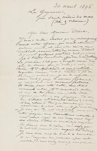 Lettre de Félicien Rops à Jules David. Saint-Méloir-des-Ondes, 1895/08/30. Province de Namur, musée Félicien Rops, FFR/LE/219