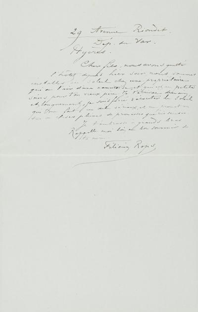 Lettre de Félicien Rops à Paul Rops. Hyères, 1896/11/29. Province de Namur, musée Félicien Rops, FFR/LE/22