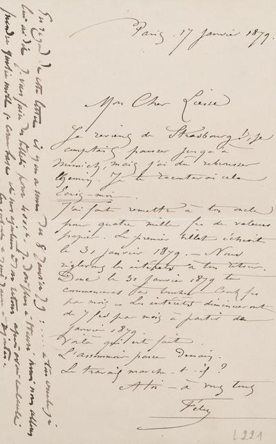 Lettre de Félicien Rops à [Henri] Liesse. Paris, 1879/01/17. Province de Namur, musée Félicien Rops, FFR/LE/221