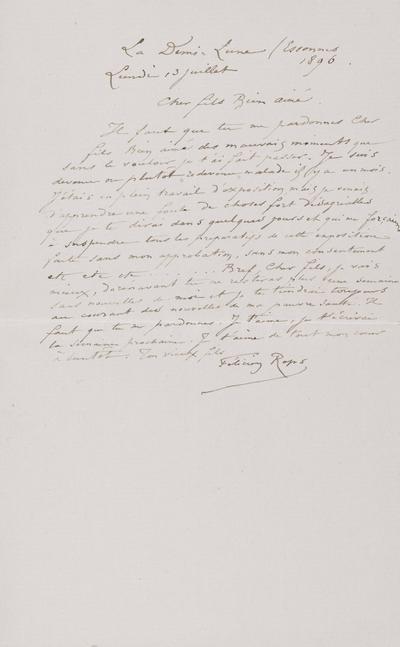 Lettre de Félicien Rops à Paul Rops. Corbeil-Essonnes, 1896/07/13. Province de Namur, musée Félicien Rops, FFR/LE/25