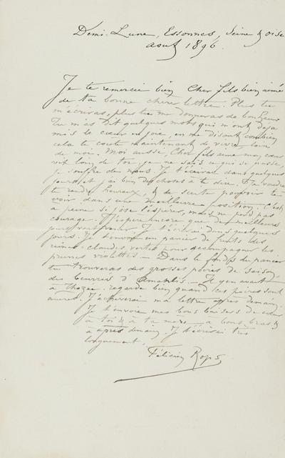 Lettre de Félicien Rops à Paul Rops. Corbeil-Essonnes, 1896/08/13. Province de Namur, musée Félicien Rops, FFR/LE/29