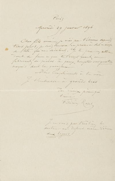Lettre de Félicien Rops à Paul Rops. Paris, 1896/01/29. Province de Namur, musée Félicien Rops, FFR/LE/30