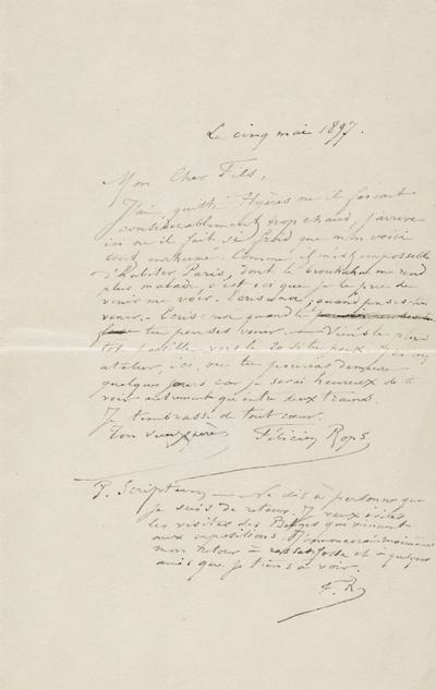 Lettre de Félicien Rops à Paul Rops. s.l., 1897/05/05. Province de Namur, musée Félicien Rops, FFR/LE/31
