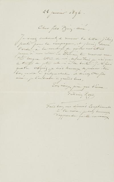 Lettre de Félicien Rops à Paul Rops. [Paris], 1896/01/24. Province de Namur, musée Félicien Rops, FFR/LE/32