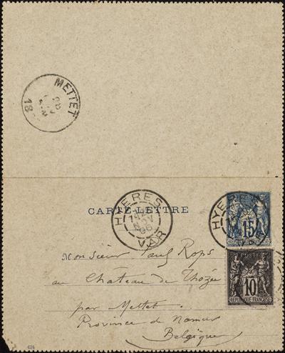 Carte-Lettre de Félicien Rops à Paul Rops. Hyères, 1896/11/26. Province de Namur, musée Félicien Rops, FFR/LE/34