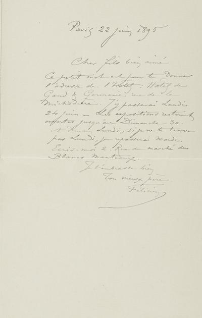 Lettre de Félicien Rops à Paul Rops. Paris, 1895/06/22. Province de Namur, musée Félicien Rops, FFR/LE/37