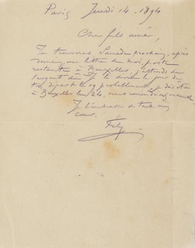 Lettre de Félicien Rops à Paul Rops. Paris, 1894/06/14. Province de Namur, musée Félicien Rops, FFR/LE/38