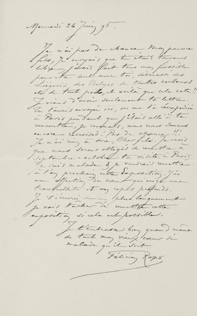 Lettre de Félicien Rops à Paul Rops. [Corbeil-Essonnes], 1895/06/26. Province de Namur, musée Félicien Rops, FFR/LE/39