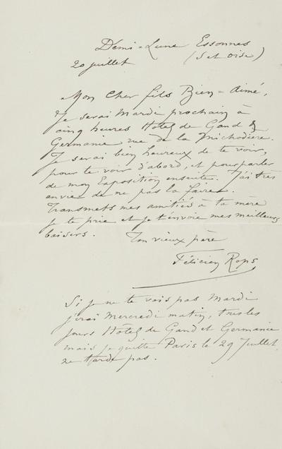 Lettre de Félicien Rops à Paul Rops. Corbeil-Essonnes, 1895/07/20. Province de Namur, musée Félicien Rops, FFR/LE/40