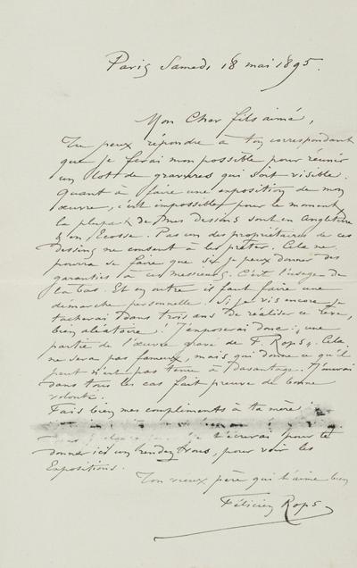 Lettre de Félicien Rops à Paul Rops. Paris, 1895/05/18. Province de Namur, musée Félicien Rops, FFR/LE/41
