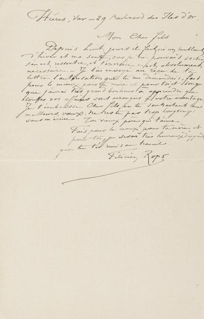 Lettre de Félicien Rops à Paul Rops. Hyères, 1897/01/11. Province de Namur, musée Félicien Rops, FFR/LE/42