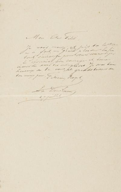 Lettre de Félicien Rops à Paul Rops. Corbeil-Essonnes, 1897/07/27. Province de Namur, musée Félicien Rops, FFR/LE/43