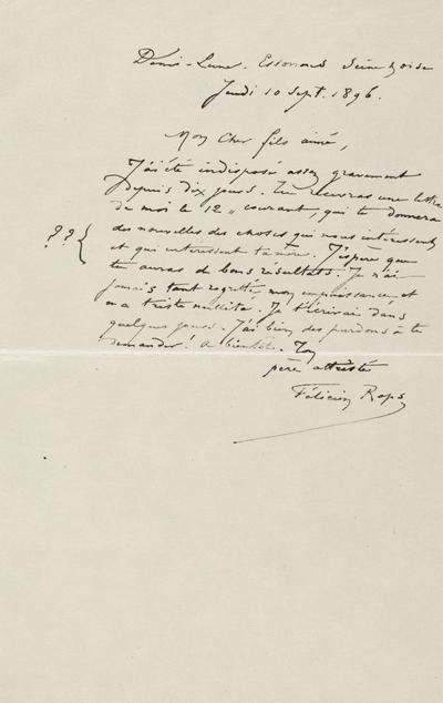 Lettre de Félicien Rops à Paul Rops. Corbeil-Essonnes, 1896/09/10. Province de Namur, musée Félicien Rops, FFR/LE/5