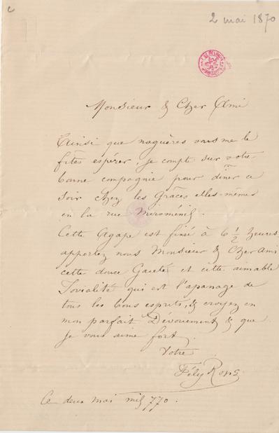Lettre de Félicien Rops à [Léon?] [Dommartin?]. s.l., 1870/05/02. Bruxelles, Bibliothèque royale de Belgique, II/6655/468/11