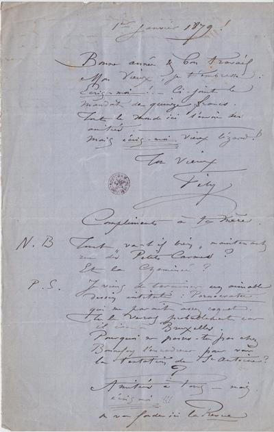 Lettre de Félicien Rops à [Léon?] [Dommartin?]. s.l., 1879/01/01. Bruxelles, Bibliothèque royale de Belgique, II/6655/468/110
