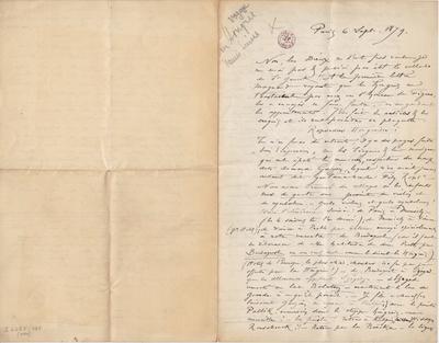 Lettre de Félicien Rops à [Léon?] [Dommartin?]. Paris, 1879/09/06. Bruxelles, Bibliothèque royale de Belgique, II/6655/468/114