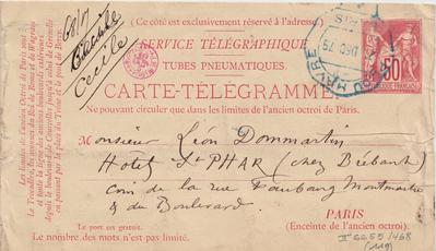 Carte-Télégramme de Félicien Rops à Léon Dommartin. [Paris], 1879/12/21. Bruxelles, Bibliothèque royale de Belgique, II/6655/468/119