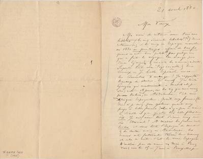 Lettre de Félicien Rops à Léon Dommartin. s.l., 1880/04/21. Bruxelles, Bibliothèque royale de Belgique, II/6655/468/122
