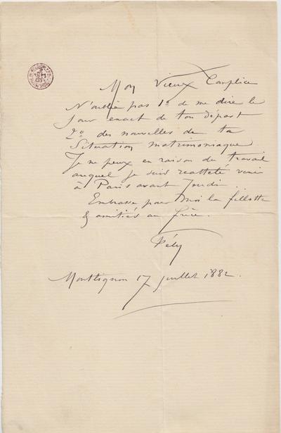 Lettre de Félicien Rops à [Léon] [Dommartin]. Montlignon, 1882/07/17. Bruxelles, Bibliothèque royale de Belgique, II/6655/468/136