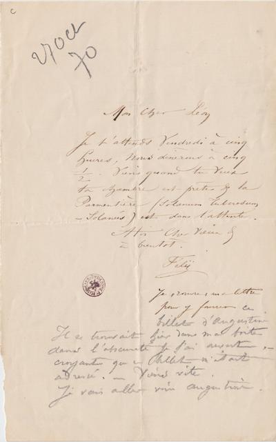 Lettre de Félicien Rops à Léon Dommartin. [Bruxelles], 1870/10/27. Bruxelles, Bibliothèque royale de Belgique, II/6655/468/14