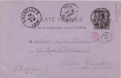 Carte postale de Félicien Rops à Léon Dommartin. [Paris], 1882/08/18. Bruxelles, Bibliothèque royale de Belgique, II/6655/468/143