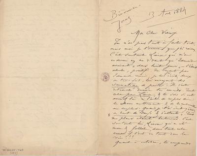 Lettre de Félicien Rops à [Léon] [Dommartin]. Bièvres, 1884/08/13. Bruxelles, Bibliothèque royale de Belgique, II/6655/468/154